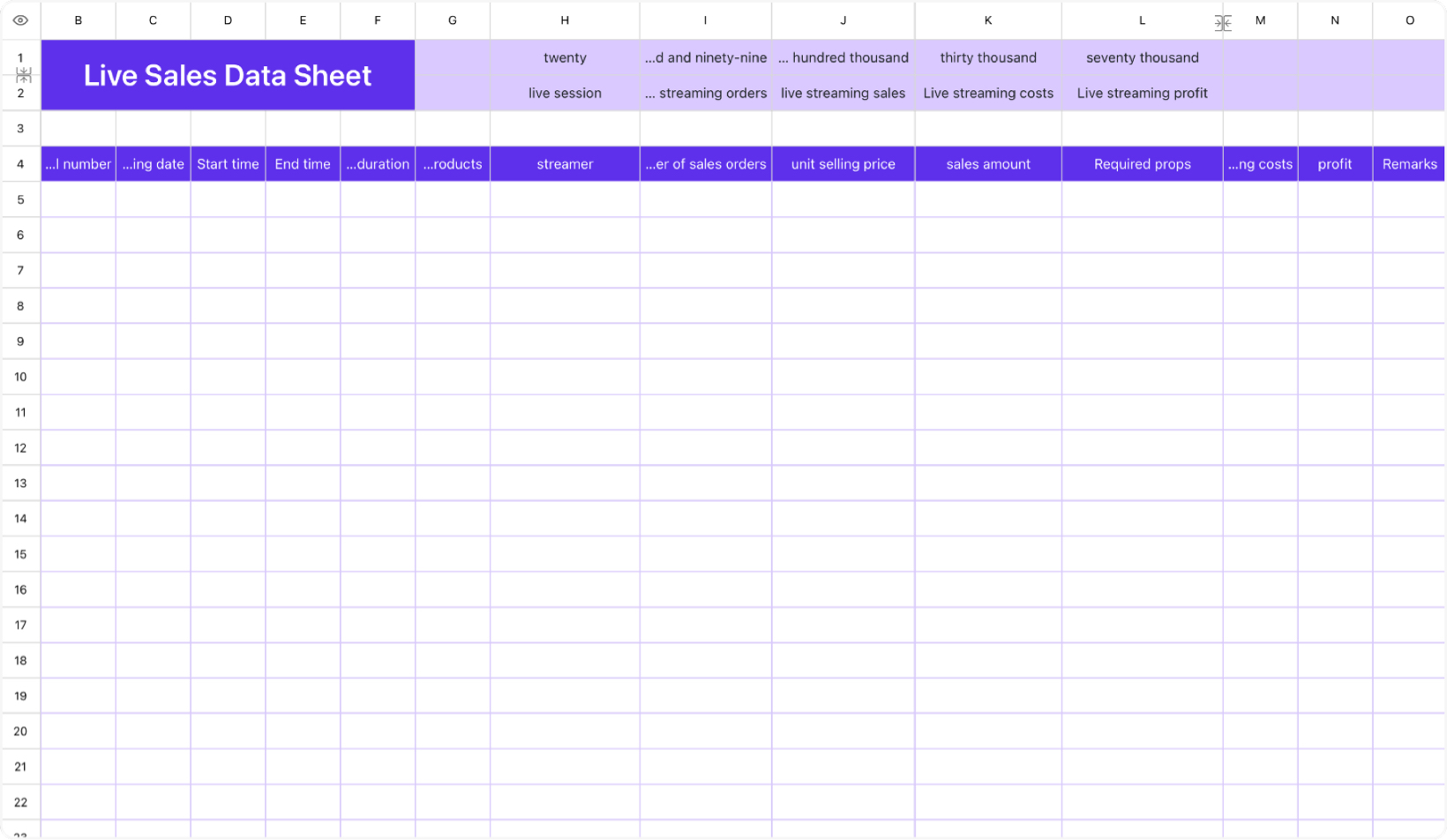 Live Sales Data Sheet